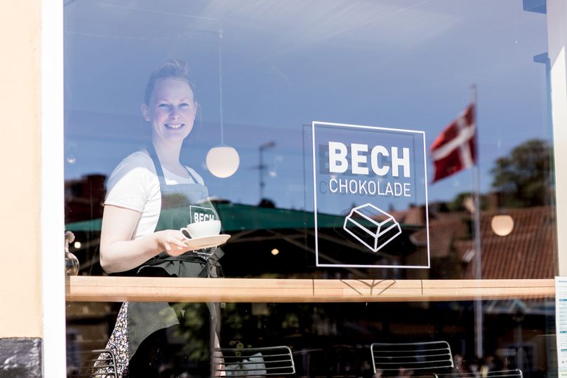 View the window display at BECH Chocolates in the harbor of Gudhjem on Bornholm.